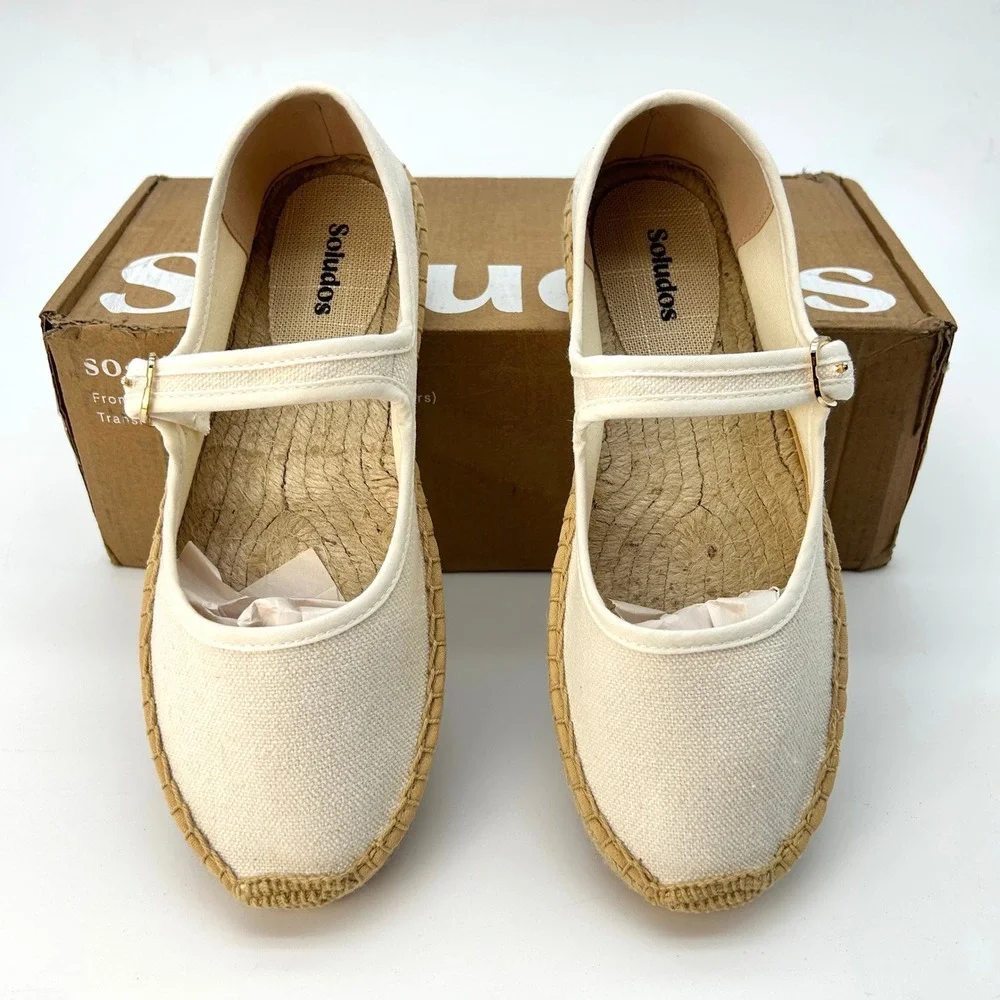 Soludos Mary Jane Espadrilles Womens Size 7-7.5 White Organic Cotton Flats NEW